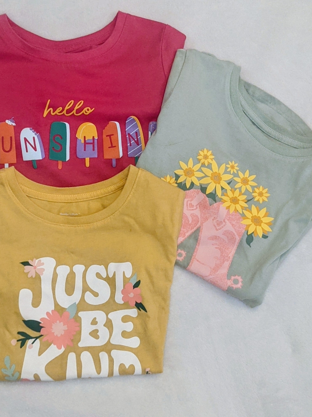 Girls' Short Sleeve Graphic Tees - Mustard Yellow, Rose Pink, Sage Green